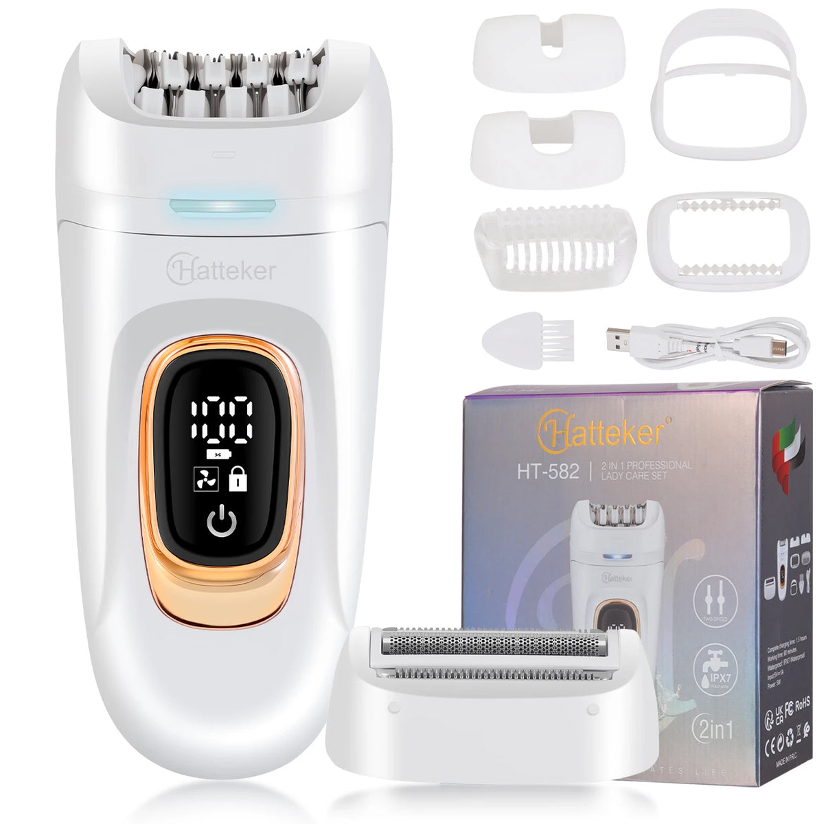 Hatteker 2-in-1 Epilator Hair Remover Leg Body Portable Lady Shaver Hair Removal Tool Underarms Facial Clipper for Women IPX7 Beauty World Shop
