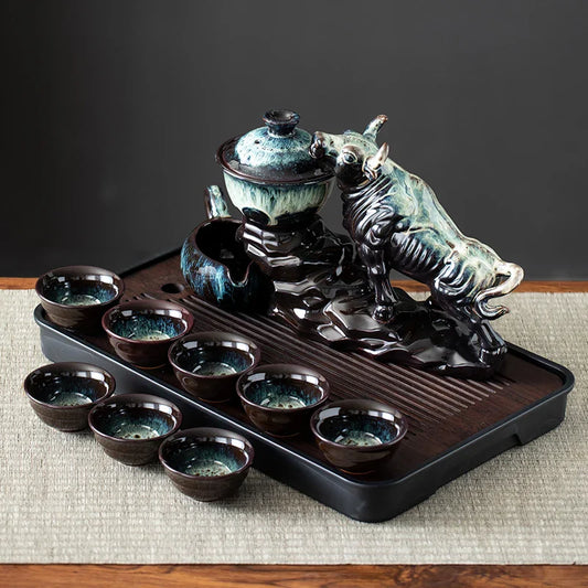 1 set of creative lazy tea set, semi-automatic cow teapot, magnetic rotating water guide, Chinese Kung Fu tea set Home Accessories Store