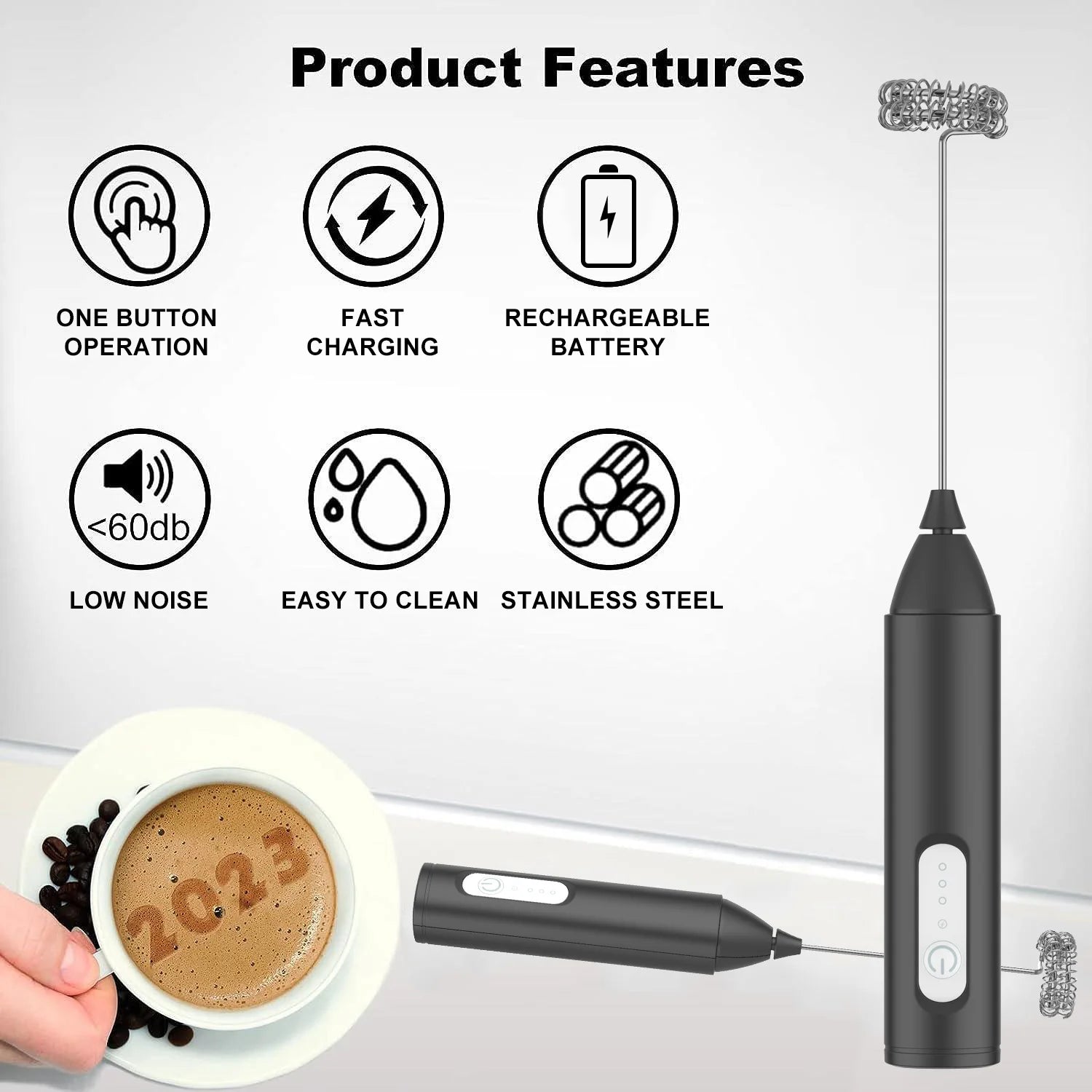 MINI Milk Frother USB Rechargeable 3 Speeds Foam Maker Coffee Whisk Mixer Electric Handle Blender Egg Beater Beauty World Shop