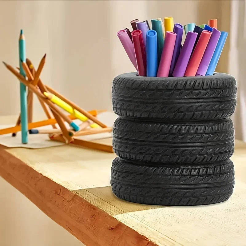 1pcs Fun Tire-Shaped Pen Holder -PVC Desk Organizer, Ideal for School and Office Supplies, Painted Finish, Office Supplies Beauty World Shop