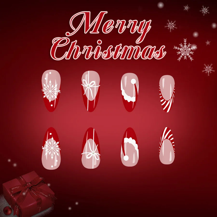 2025 Christmas Red Stripe French Glossy Medium Almond Press On Nails 24pcs with Glitter Snowflake Design Beauty World Shop