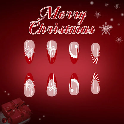 2025 Christmas Red Stripe French Glossy Medium Almond Press On Nails 24pcs with Glitter Snowflake Design Beauty World Shop