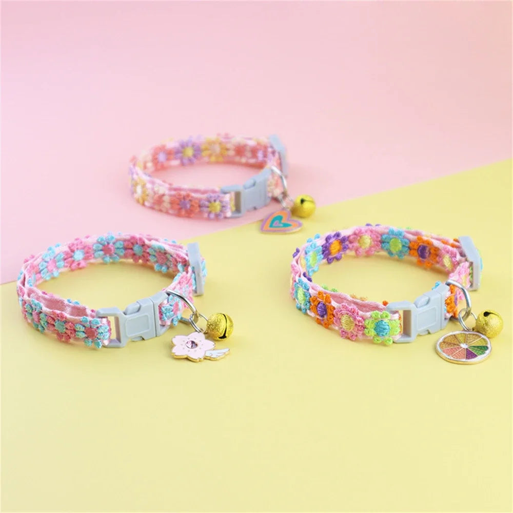 Fashion Rainbow Flower Cat Collar With Bell Kitten Puppy Necklace Adjustable Buckle Colorful Lace Kitten Collar Dog Accessories Beauty World Shop