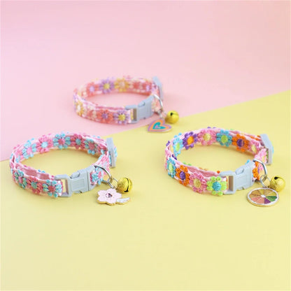 Fashion Rainbow Flower Cat Collar With Bell Kitten Puppy Necklace Adjustable Buckle Colorful Lace Kitten Collar Dog Accessories Beauty World Shop