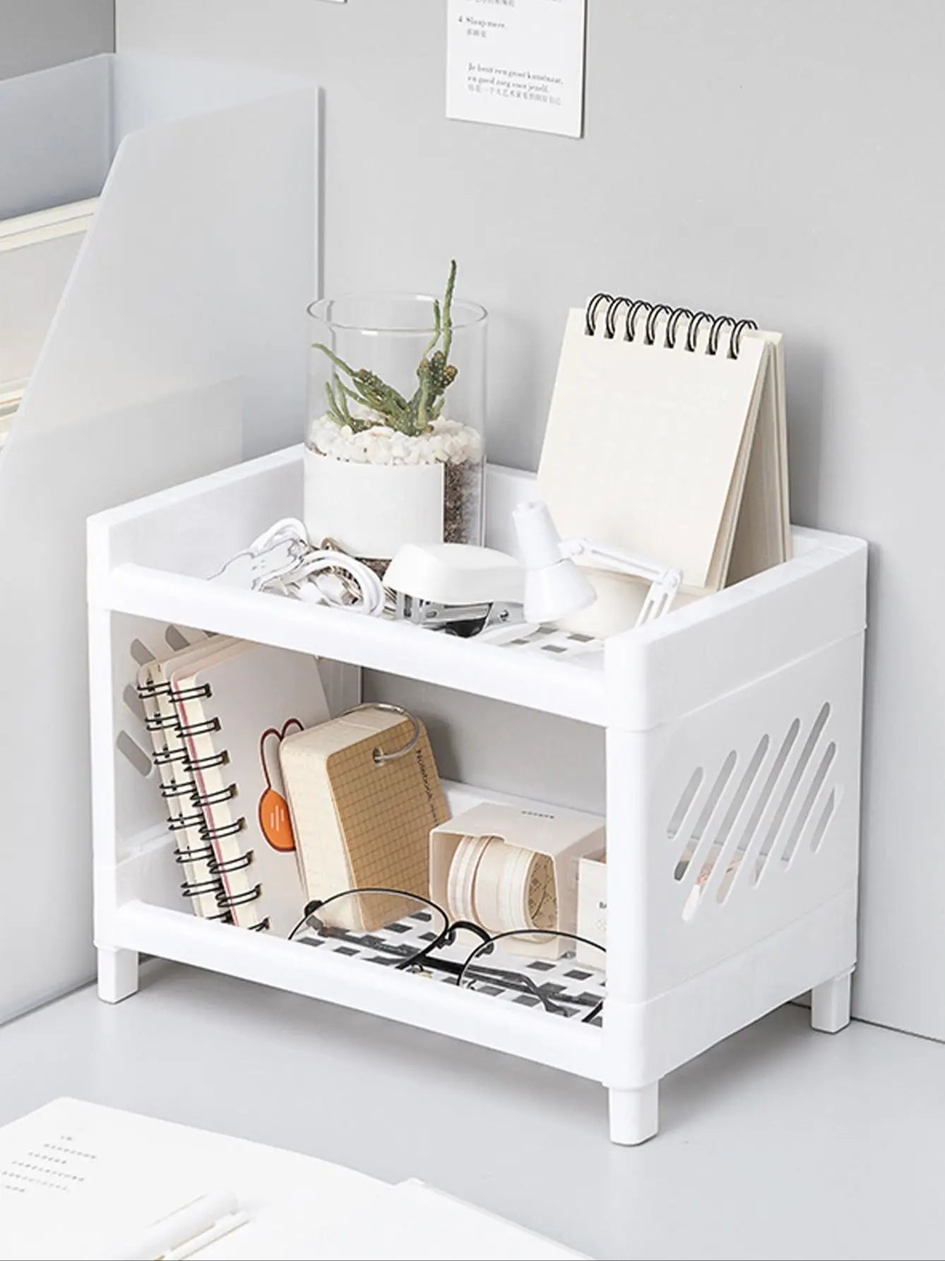 1PC PP Desktop Double Layer Storage Rack Rectangular White Organizing Student Desk Office Cosmetics Stationery Beauty World Shop