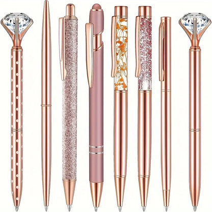 8pcs Rose Golden Ballpoint Pen Set - Stylish Metal Pens with Crystal Accents - Perfect for Students, Office, Gifts, and Weddings Beauty World Shop