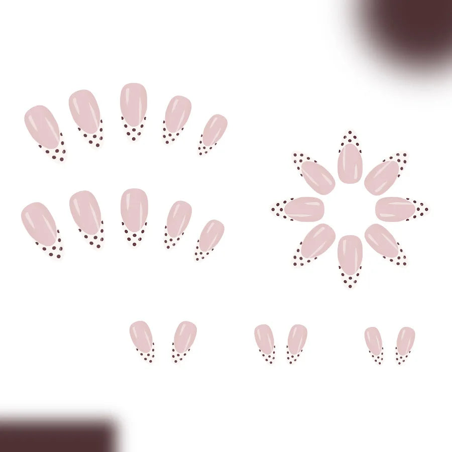 Sweet French Style Medium Almond Press On Nails 24pcs White with Brown Tips and Dots Beauty World Shop