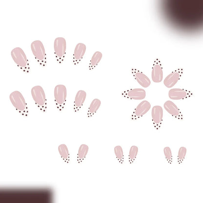 Sweet French Style Medium Almond Press On Nails 24pcs White with Brown Tips and Dots Beauty World Shop