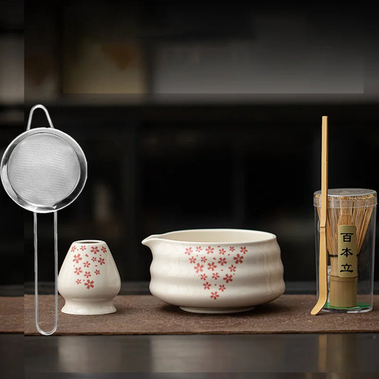 1-8Pcs Matcha sakura Set Japanese Handmade Matcha Teaset Gift Box with Glass Bowl Bamboo Spoon Ceramic Whisk Holder and Sieve Home Accessories Store