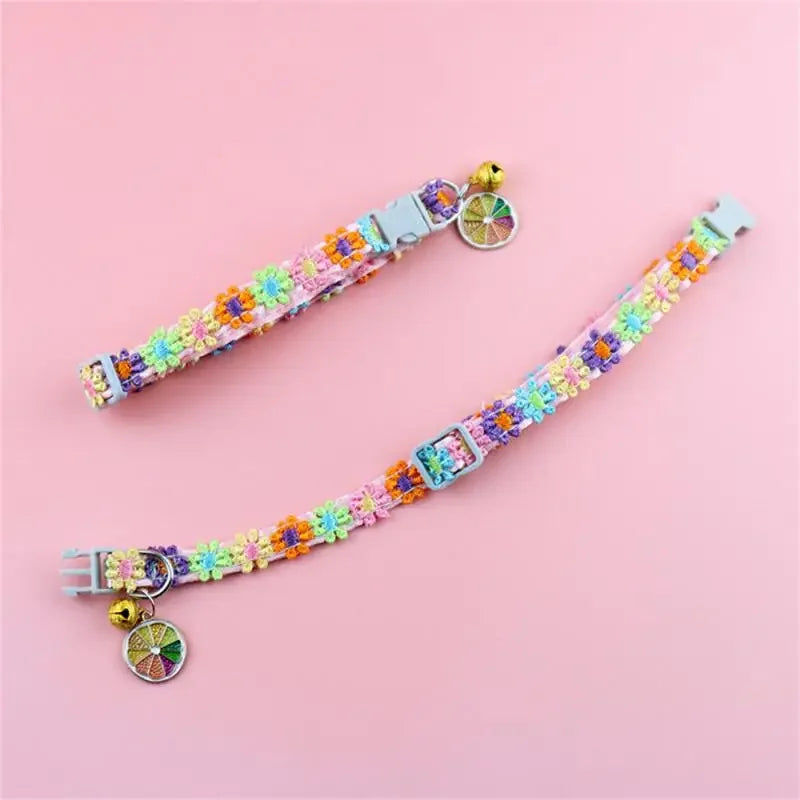 Fashion Rainbow Flower Cat Collar With Bell Kitten Puppy Necklace Adjustable Buckle Colorful Lace Kitten Collar Dog Accessories Beauty World Shop