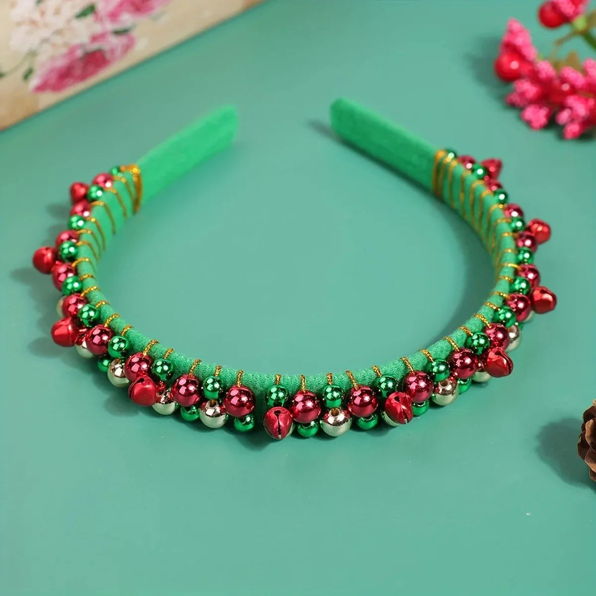 Festive Christmas Headband with Red & Green Beads, Golden Accents & Bell Charms - Hand-Wrapped Polyester Party Accessor Beauty World Shop