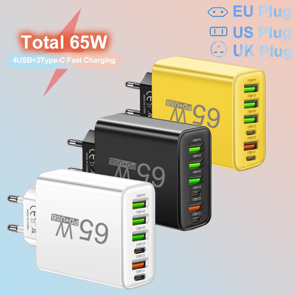 USB Charger 65W Mobile Phone Charger Fast Charging For Xiaomi Samsung Huawei P70 Travel Charger Adaptor For iPhone Quick Charger Beauty World Shop