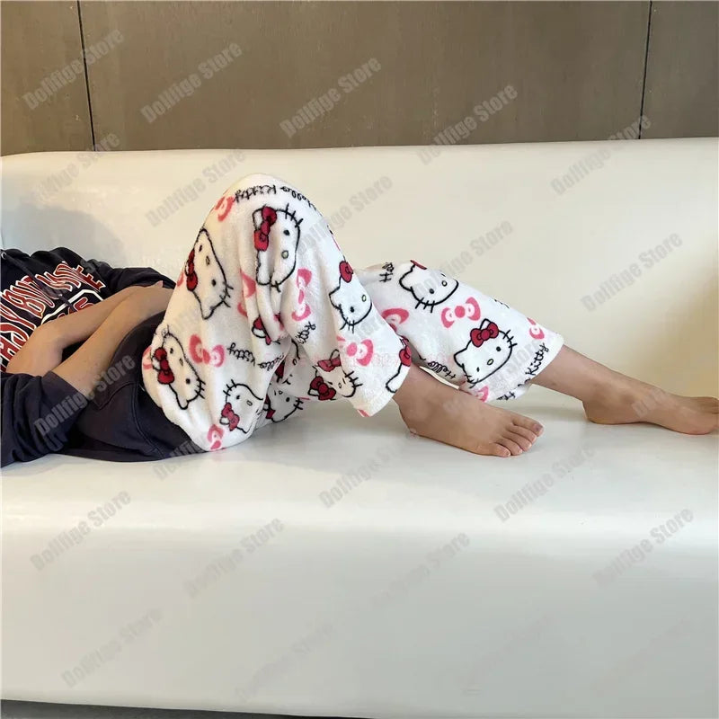 2024 Sanrio Hello Kitty Pajamas Halloween Flannel Fashion Trouserswomen Kawaii Woolen Anime Cartoon Casual Home Pants Autumn Beauty Fashion