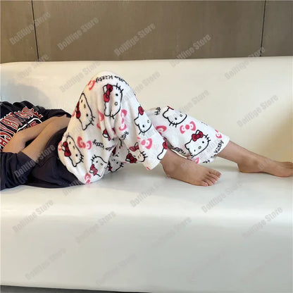 2024 Sanrio Hello Kitty Pajamas Halloween Flannel Fashion Trouserswomen Kawaii Woolen Anime Cartoon Casual Home Pants Autumn Beauty Fashion