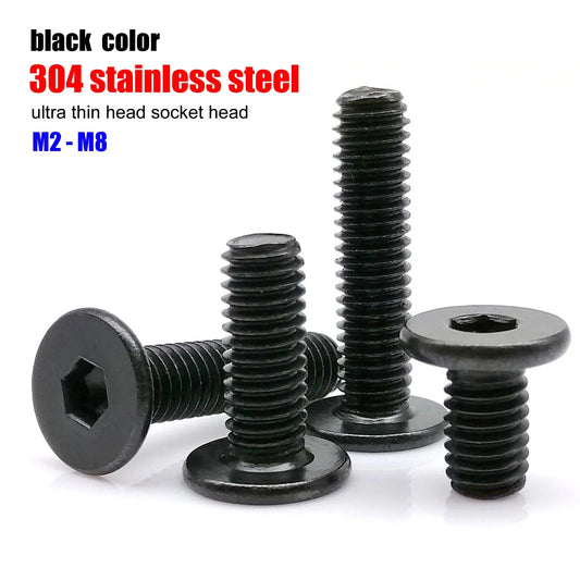 M2 M2.5 M3 M4 M5 M6 M8 Black 304 Stainless Steel Allen Hexagon Ultrathin Head Bolt Hex Socket Ultra Thin Flat Wafer Head Screw Beauty World Shop