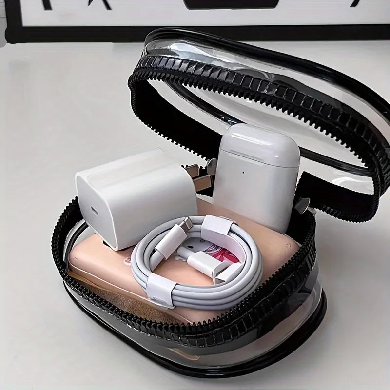 Portable Mini Clear Zipper Storage Bag - Space-Saving Organizer for Earphones & Chargers, Versatile with Handy Keychain Loop Beauty Fashion