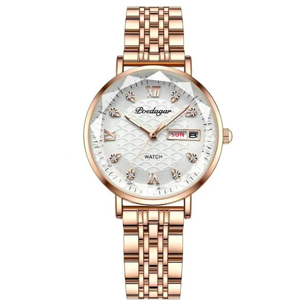 POEDAGAR Top Elegant Women's Watches Stainless Steel Date Week Woman Watch Waterproof Luminous Fashion Ladies Watch Quartz Reloj Beauty World Shop