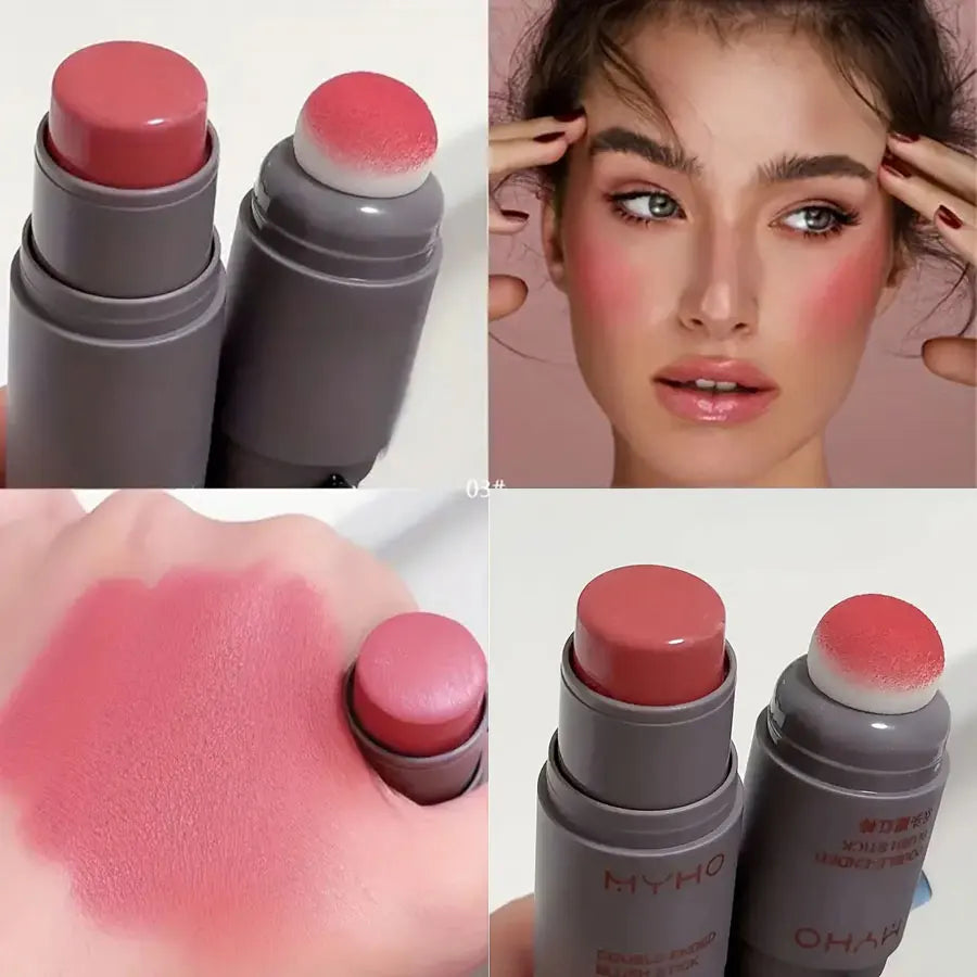 Double Head Sponge Monochrome Powder Blusher Lip and Cheek Dual-Use Durable Matte Natural Rouge Powder Blusher Stick Light Natur Beauty World Shop