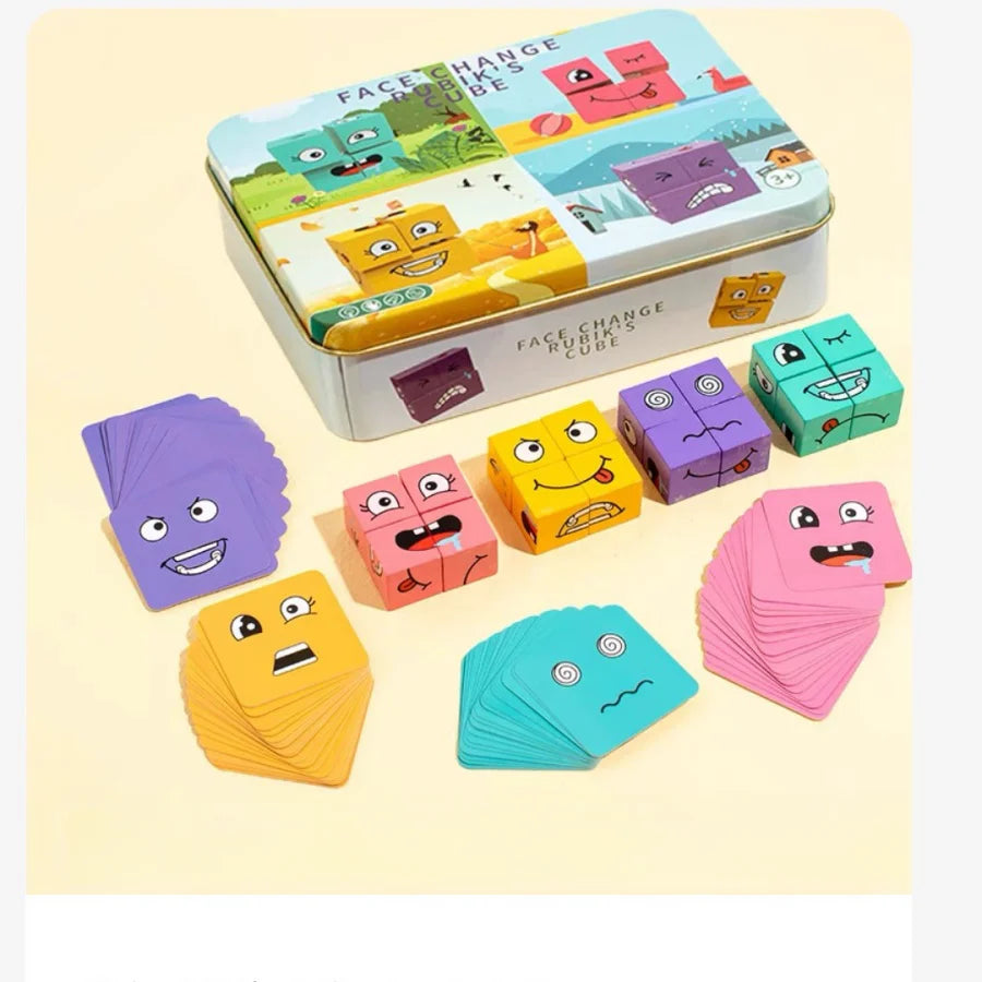 Kids Emotions Expression Game Wooden Cube Face Changing Board Cartoon Puzzle Toy Montessori Thinking Challenge Games Beauty Fashion