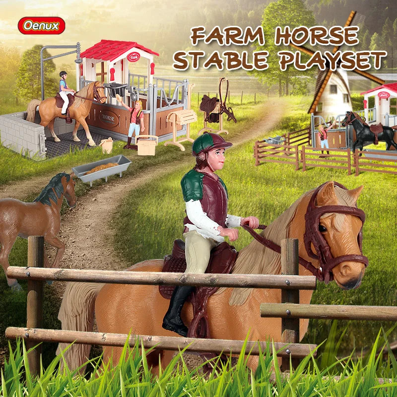Oenux Farm Stable House Model Action Figures Emulational Horseman Horse Animals Playset Figurine Cute Educational Kids Toy Gift Beauty World Shop