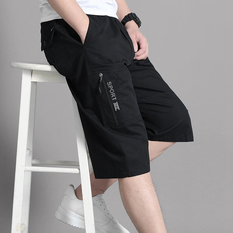 Mens Cargo Shorts Knee Pants Zipper Pocket Summer Cotton Shorts Climbing Jogger Elastic Waist Sports Wear Beauty World Shop