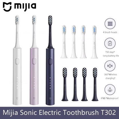 Mijia Sonic Electric Toothbrush T302 3colors 4 Brush Heads IPX8 Water Proof 360° Wireless Charging 4 Modes Cleaning Teeth Beauty World Shop