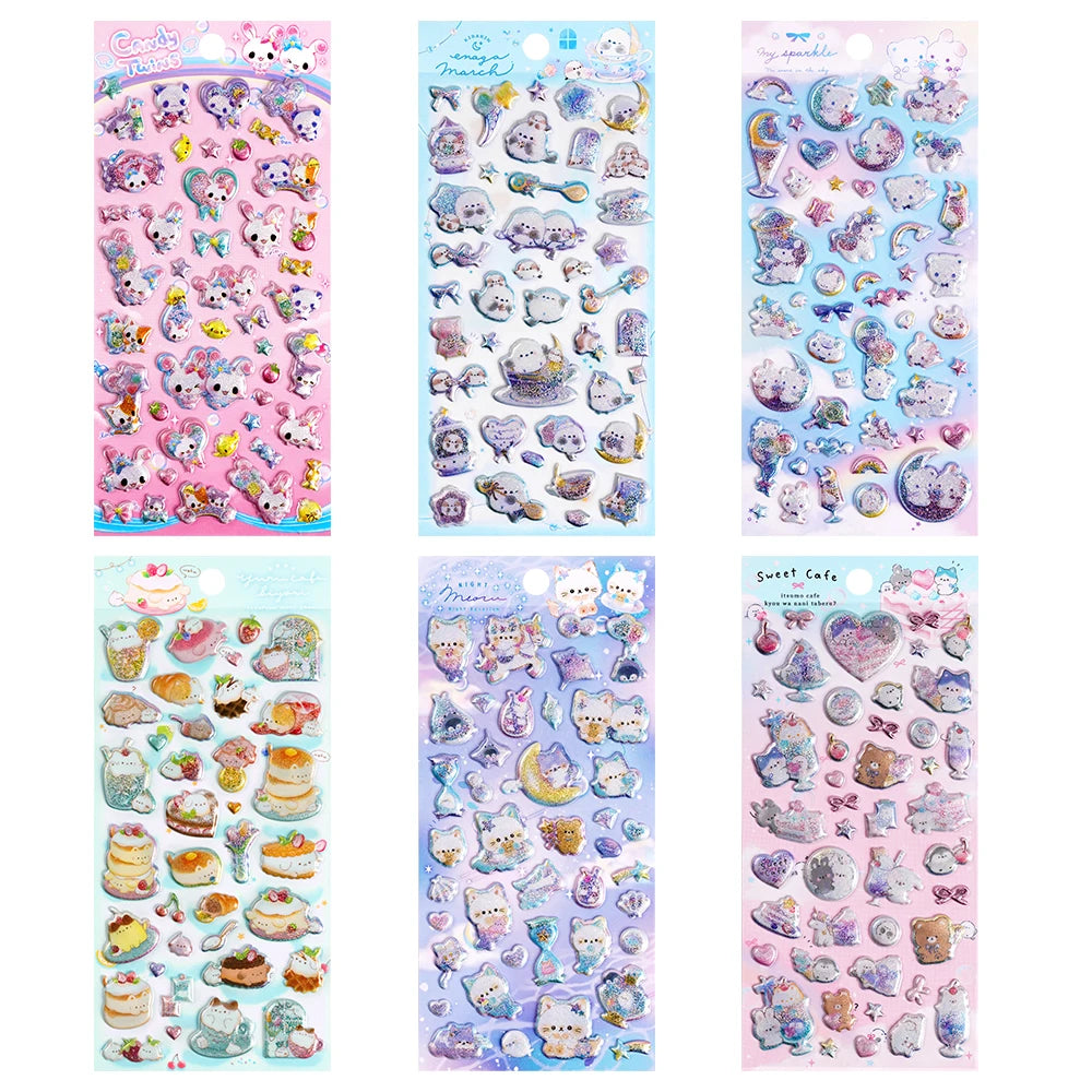 3 pcs/6 pcs Sweet Candy Pets Cat Coffee Cakes Flash Puffy 3D Stickers Scrapbooking Diy Diary Stationery Stickers School Supplies Beauty World Shop
