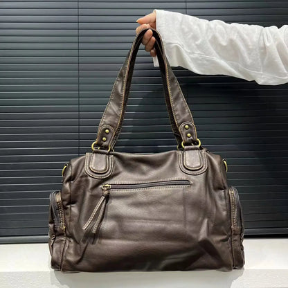 Y2K Hot Girl Single Shoulder Crossbody Bag Vintage Washed Leather Motorcycle Bag Large Capacity Multi Pocket Bag Beauty World Shop