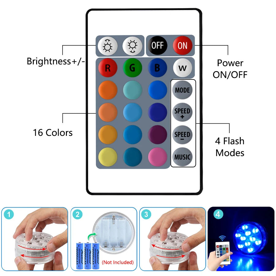 10 LED RGB Underwater Lights with Magnetic Suction Cups 16 Color Lights Fish Tank Pool Underwater Lighting Plant Grow Lights Beauty World Shop