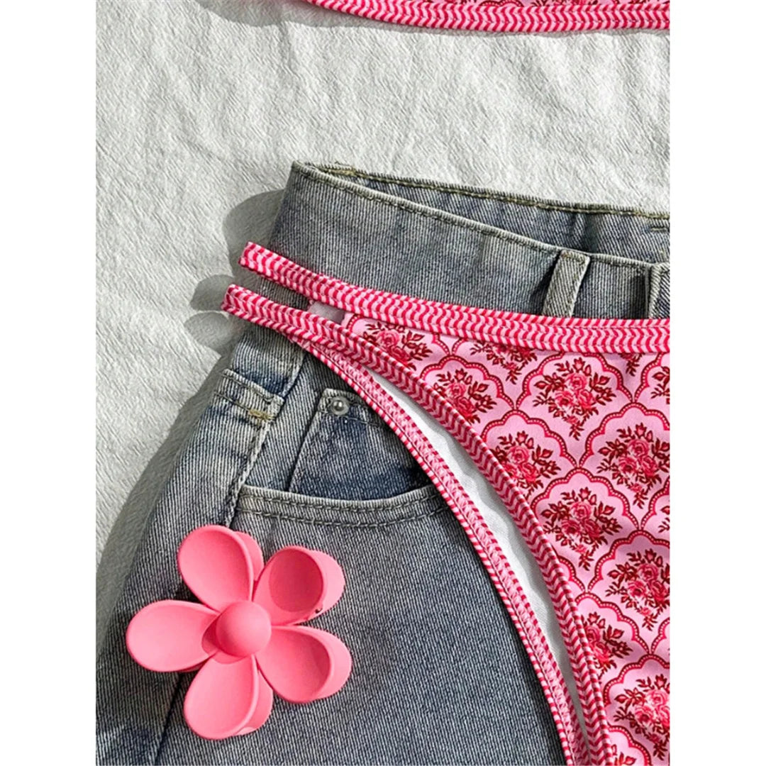 S - XL Flowers Printed High Leg Cut Bikini Female Swimsuit Women Swimwear Two-pieces Bikini set Bather Bathing Suit Swim V6965 Beauty World Shop