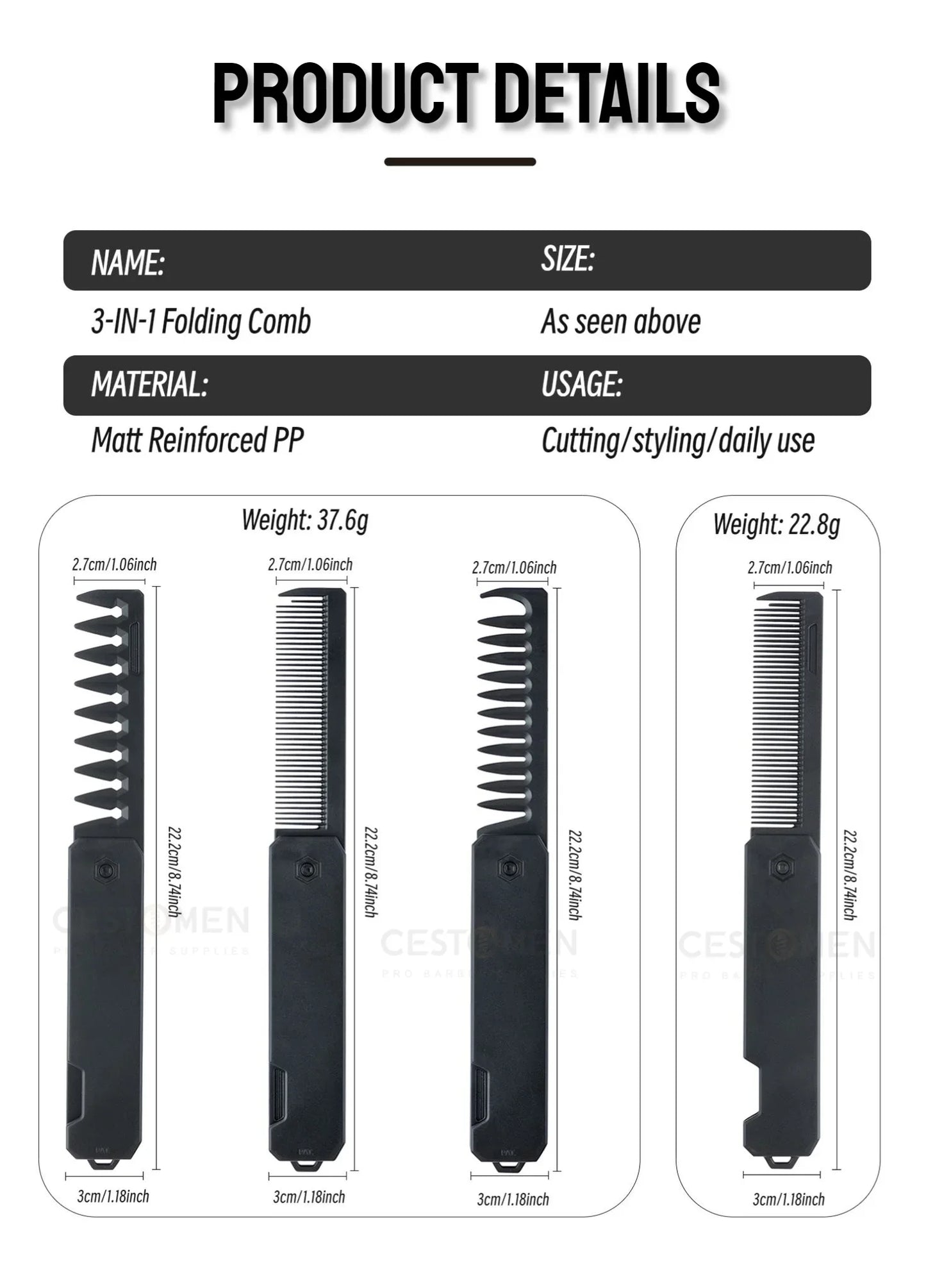 Professional 3 in 1 Pocket Folding Combs Wide Tooth Oil Head Comb Beard Combing Barber Hair Clipper Comb Salon Hair Styling Tool Beauty World Shop