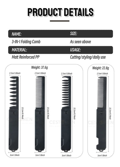 Professional 3 in 1 Pocket Folding Combs Wide Tooth Oil Head Comb Beard Combing Barber Hair Clipper Comb Salon Hair Styling Tool Beauty World Shop