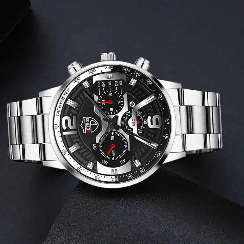5PCS Set DEYROS Fashion Mens Calendar Watches Men Business Stainless Steel Quartz Wristwatch Male Casual Necklace Bracelet Watch Beauty World Shop
