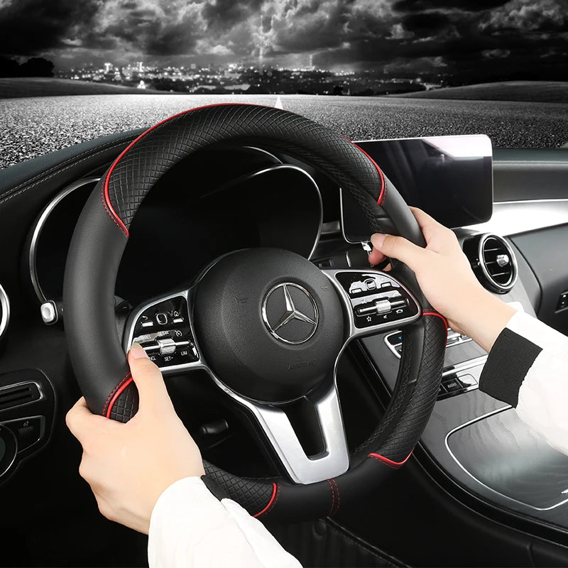 All Seasons Leather Diamond Steering Wheel Cover Universal Fit for 14 .5-15 Inch Durable Leather Cover Anti-Slip Veins Design Beauty World Shop