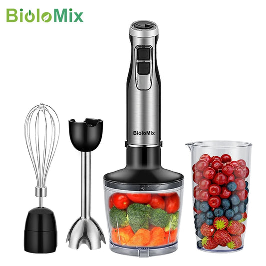 BioloMix 4 in 1 High Power 1200W Immersion Hand Stick Blender Mixer Includes Chopper and Smoothie Cup Stainless Steel Ice Blades Beauty World Shop