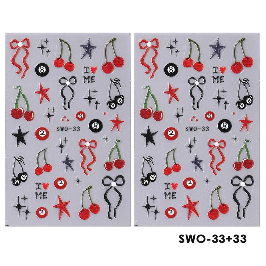 2pcs Sweet Element Nail Art Stickers Simple Flower Heart Cherry Strawberry Kawaii Decals Colorful Bow Butterfly Manicure Sliders Beauty World Shop