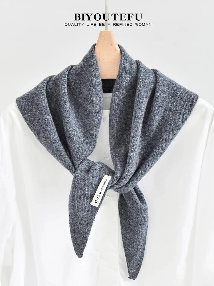 100% Australian Wool Knitted Triangle Scarf Shawl Women's Autumn  Winter Warm Neck Protection Scarf Decorative  Small Scarf Beauty World Shop