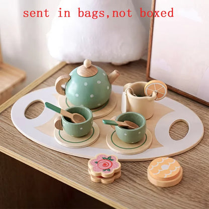 Kids Wooden Tea Set Play House Pretend Make Tea Play With Teapot Teacup Afternoon Snack Role Playing Toys Boys Girls Gift Beauty World Shop