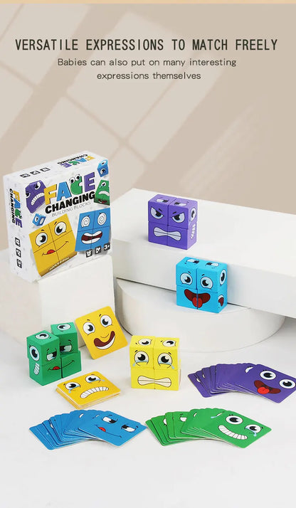 Kids Emotions Expression Game Wooden Cube Face Changing Board Cartoon Puzzle Toy Montessori Thinking Challenge Games Beauty Fashion