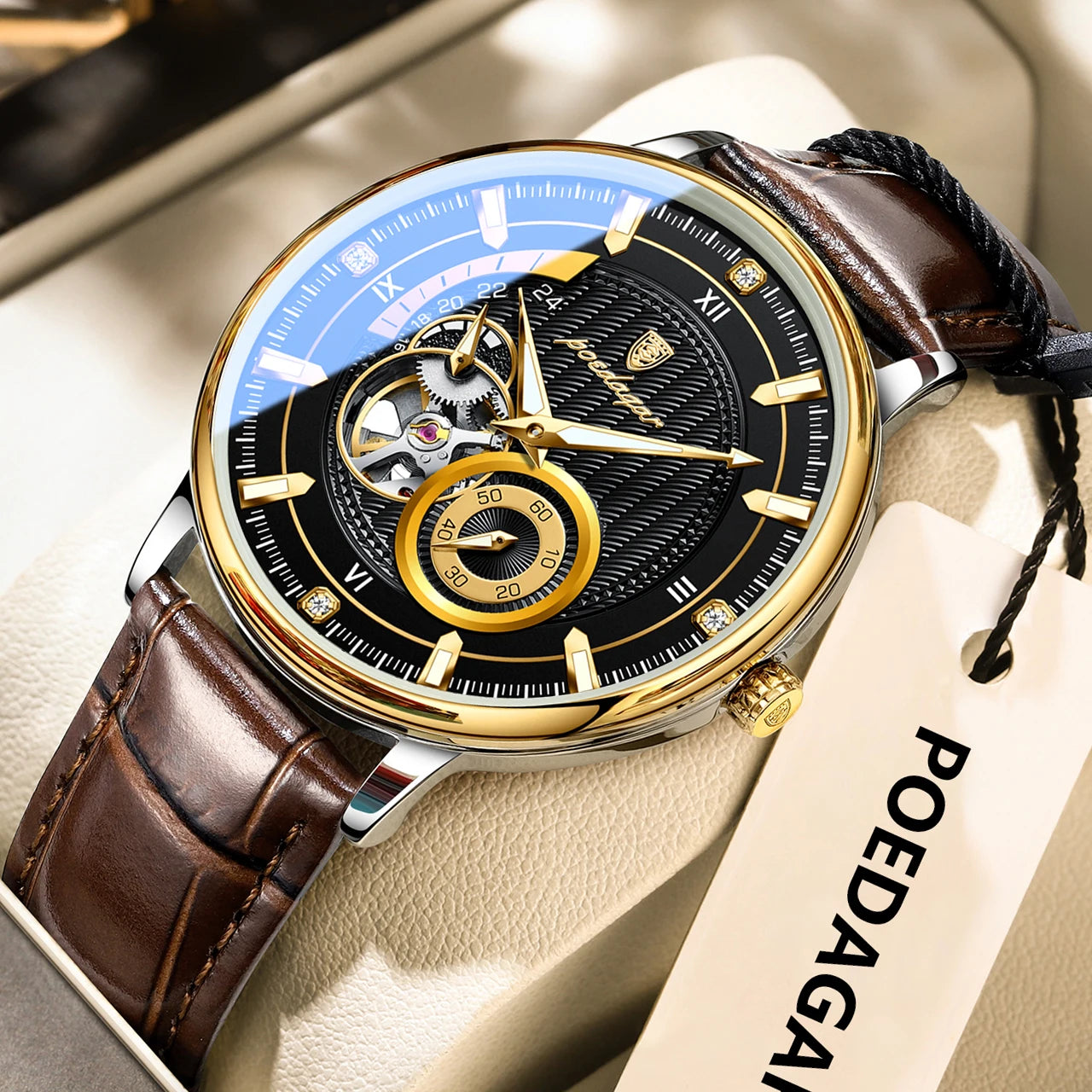 POEDAGAR Fashion Business Men Watch Waterproof Luminous Hollow Tourbillon Male Clock Automatic Mechanical Leather Men's Watches Beauty World Shop