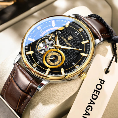 POEDAGAR Fashion Business Men Watch Waterproof Luminous Hollow Tourbillon Male Clock Automatic Mechanical Leather Men's Watches Beauty World Shop