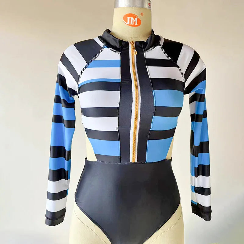 New Patchwork One-Piece Swimsuit Long Sleeve Swimwear Sports Backless Women's Swimming Bathing Suit Beach Wear Bather Surfing Beauty World Shop