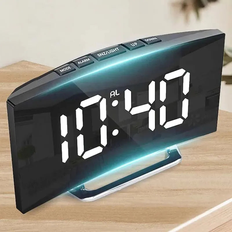 Curved Screen Clock Digital Led Alarm Clock with Temperature Display Large Mirror Clock Snooze Bedside Table Clock Room Decor Beauty World Shop