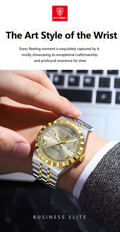 POEDAGAR Fashion Business Men's Watch Luminous Waterproof Week Date Luxury Man Wristwatch Stainless Steel Quartz Watches For Men Beauty World Shop