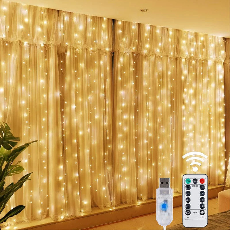 Christmas Lights LED Fairy String Curtain Lights 8 Mode Remote USB Festoon Christmas Decor For Home Holiday New Year Lamp Beauty Fashion