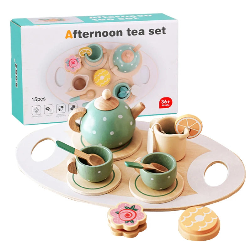 Kids Wooden Tea Set Play House Pretend Make Tea Play With Teapot Teacup Afternoon Snack Role Playing Toys Boys Girls Gift Beauty World Shop