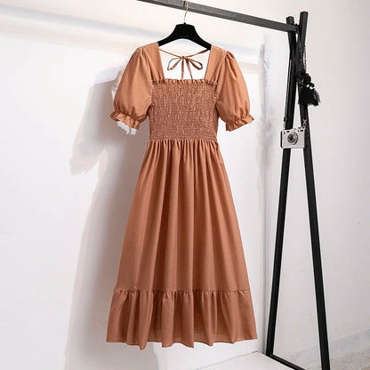 Spring Summer Elastic Waist Chiffon Dress Women Casual Dresses Fashion Female  Vestidos Short Sleeve Pleated A-line Dresses Beauty World Shop