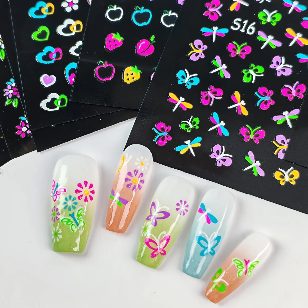 30 Sheets 3D Glow in The Dark Neon Nail Stickers - Glittery Glossy Self-Adhesive Nail Art Decorations with Butterfly, Love Heart Beauty World Shop