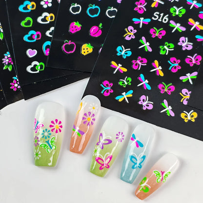 30 Sheets 3D Glow in The Dark Neon Nail Stickers - Glittery Glossy Self-Adhesive Nail Art Decorations with Butterfly, Love Heart Beauty World Shop