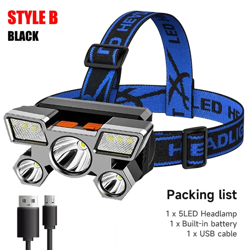 5 LED Flashlight Rechargeable with Built in Lithium Battery Strong Head Light Camping Adventure Fishing Cycling Headlamp Beauty Fashion